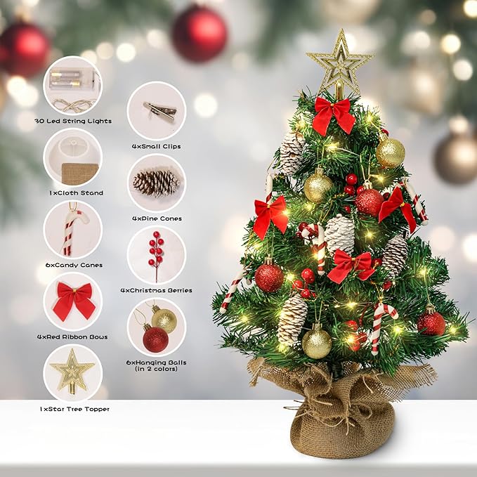 24 Inch Mini Artificial Christmas Tree with LED String Lights, Star Topper and Hanging Ornaments - Tabletop Christmas Tree for Holiday DIY Decorations