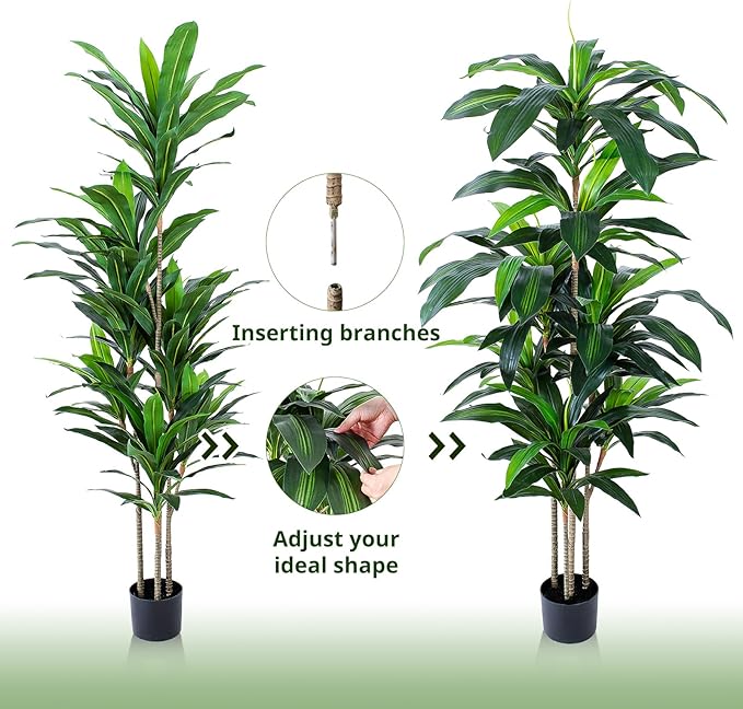 5 FT Dracaena Tree Artificial, Fake Tree with Plastic Pot, Faux Tropical Yucca Floor Plant Lifelike Foliage and Branches, Artificial Plants Indoor for Home Office Living Room Decor Indoor