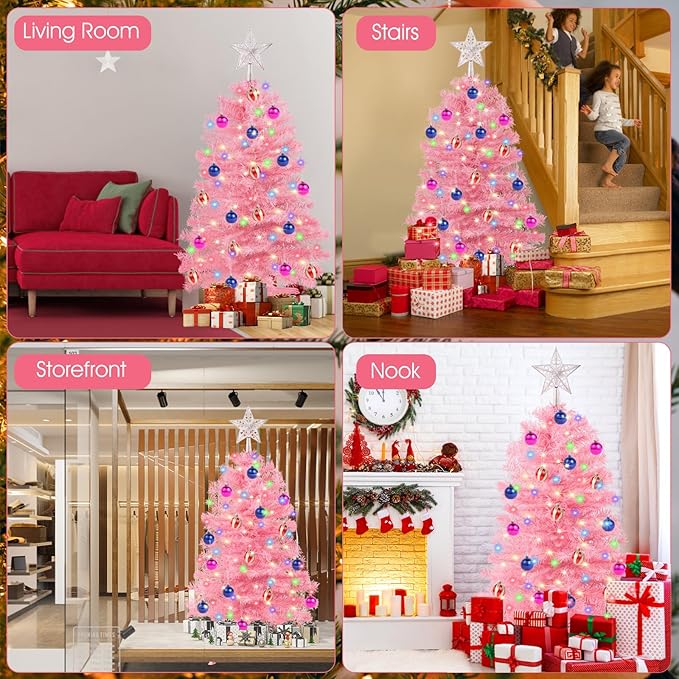 3Ft Christmas Tree with Lights, Table Christmas Tree with 50 LED 12 Modes, 3D Star, 15 Hanging Ball Ornaments, Small Prelit Xmas Tree for Tabletop, Home and Office (Pink)