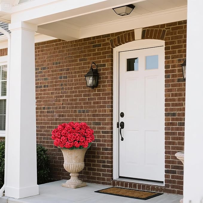 16 Bundles18" Artificial Geranium Flowers for Outdoor Spring Summer Decoration,Fake Silk Geranium Faux Plants UV Resistant for Front Door Planter Outside Home Garden Balcony Yard Porch Decor (Red）