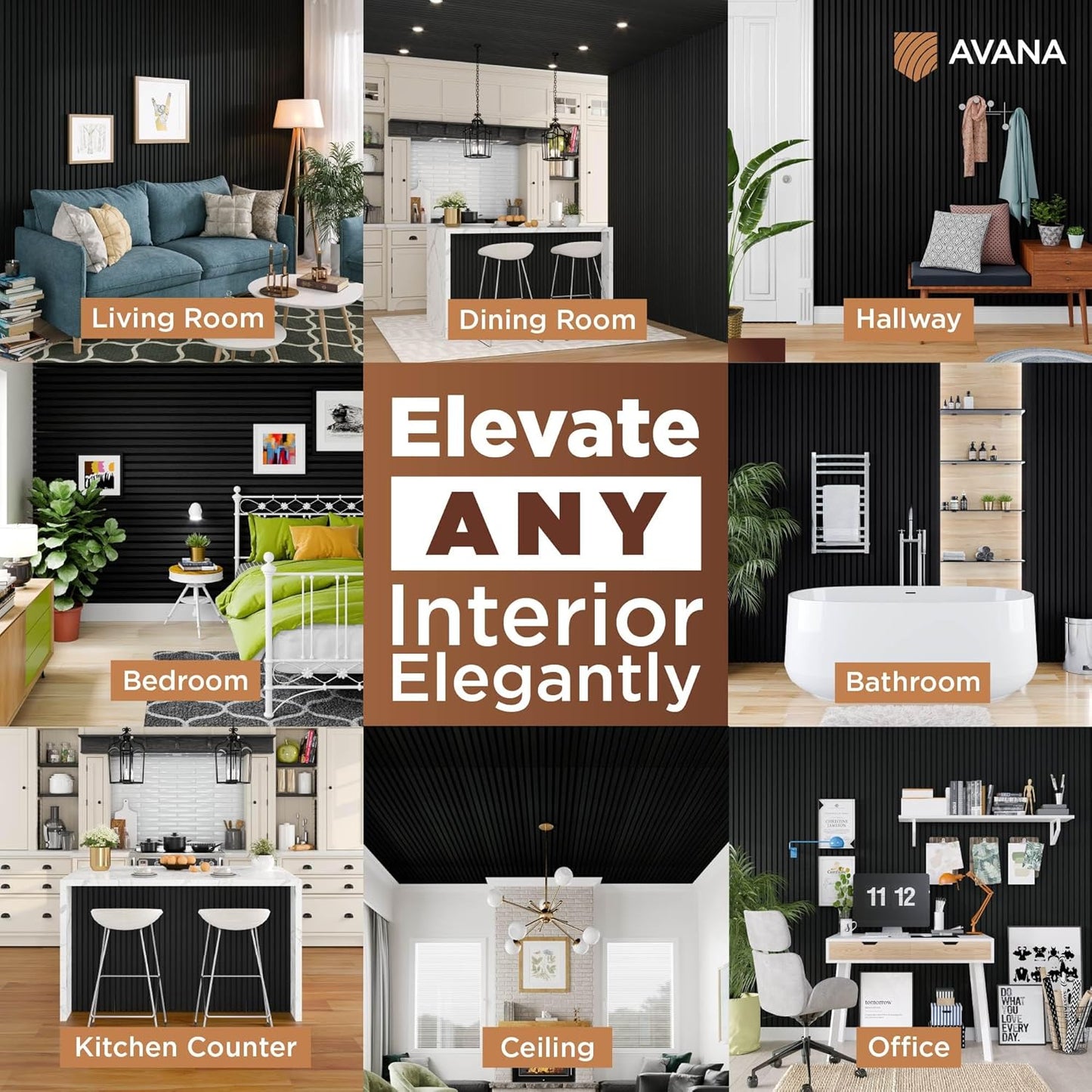 Avana Modern Acoustic Wood Wall Panels – 47.2 X 12.6 Inch Black Oak Acoustic 2 PCs – Wall Panels For Interior Wall Decor For Homes, Offices, Studios – Sturdy And Durable Wood Panels For Wall