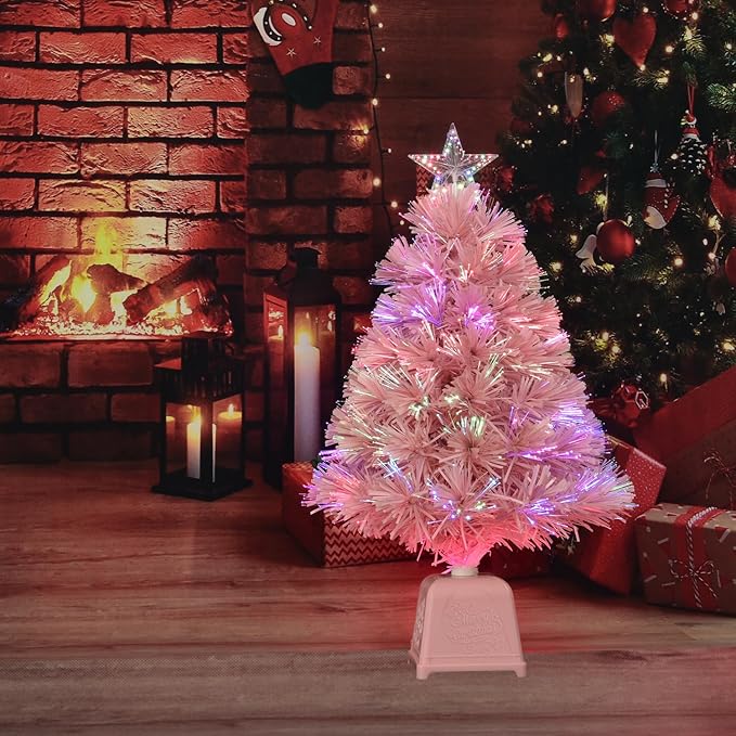 24inch Pink Fiber Optic Christmas Tree,Pre-Lit Artificial Mini Christmas Tree, Tabletop Small Xmas Tree with Stars Holiday Home Decorations