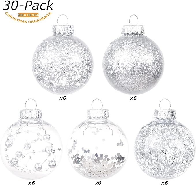 Sea Team Shatterproof Clear Plastic Christmas Ball Ornaments Decorative Xmas Balls Baubles Set with Stuffed Delicate Decorations (60mm/2.36 inch 30-Pack, Silver)