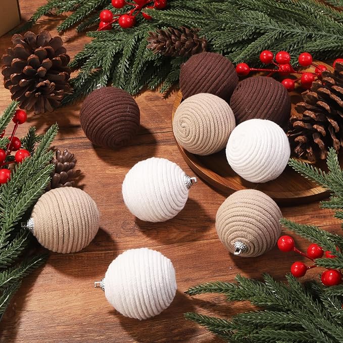JOICEE 9 Pcs Boho Christmas Ball Ornaments Set, Jute Rope Hanging Balls Neutral Rustic Ornaments Christmas Ball Decoration for Xmas Tree Wreath Garland Party Farmhouse Decor(White,Beige,Dark Brown)