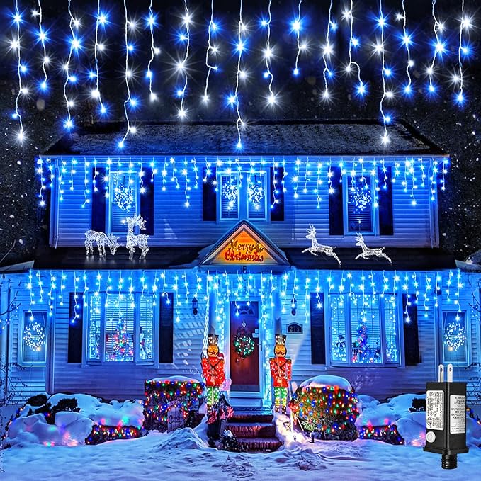 Icicle Christmas Lights Outdoor, 33ft 400 LED Blue and White Christmas Lights 8 Modes with 75 Drops, Waterproof Icicle Light Plug in for Indoor Outside Party Holiday Xmas Halloween Decorations