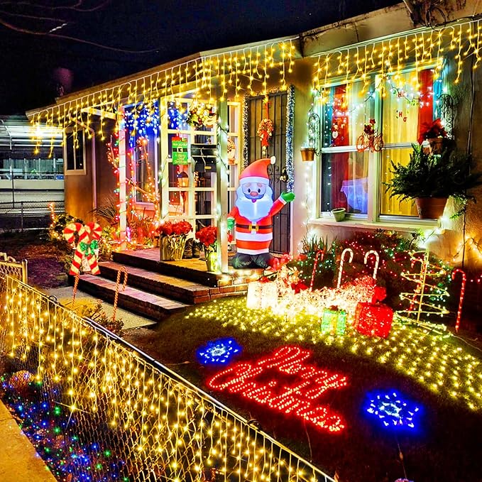 Christmas Lights Outdoor, 2 Pack Total 98FT 960 LED Ice Lights for Outside with 180 Drops Clear Wire 8 Modes Timer, Plug in Waterproof for Holiday Eaves Yard Roof Party Christmas Decor (Warm White)