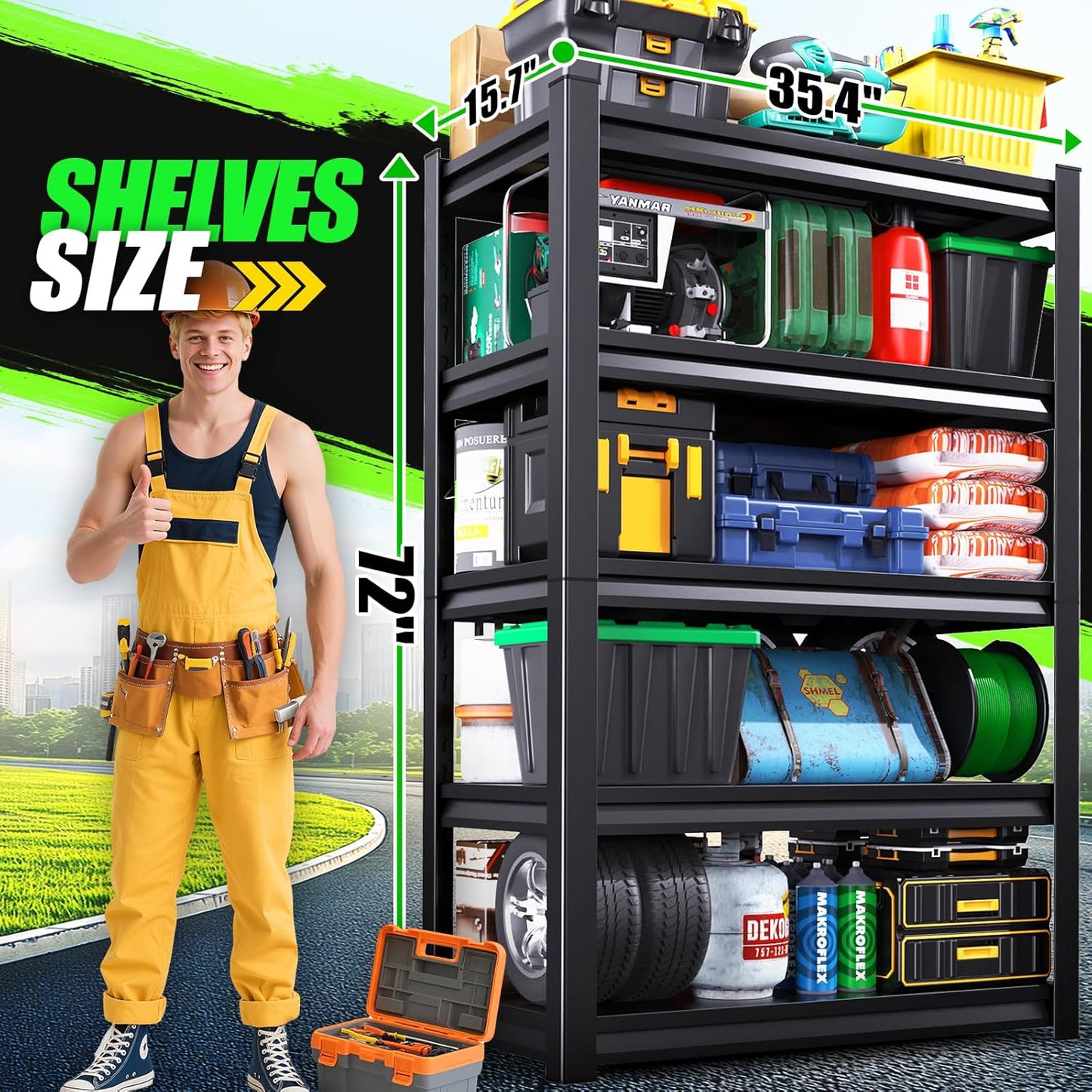 72”H Garage Shelving 2500LBS Adjustable Storage Shelves,5 Tier Metal Steel Heavy Duty Shelving Unit, Industrial Utility Rack Shelf, Storage Organize for garage, Basement ,Black ,72''H*35.4''W*15.7''D