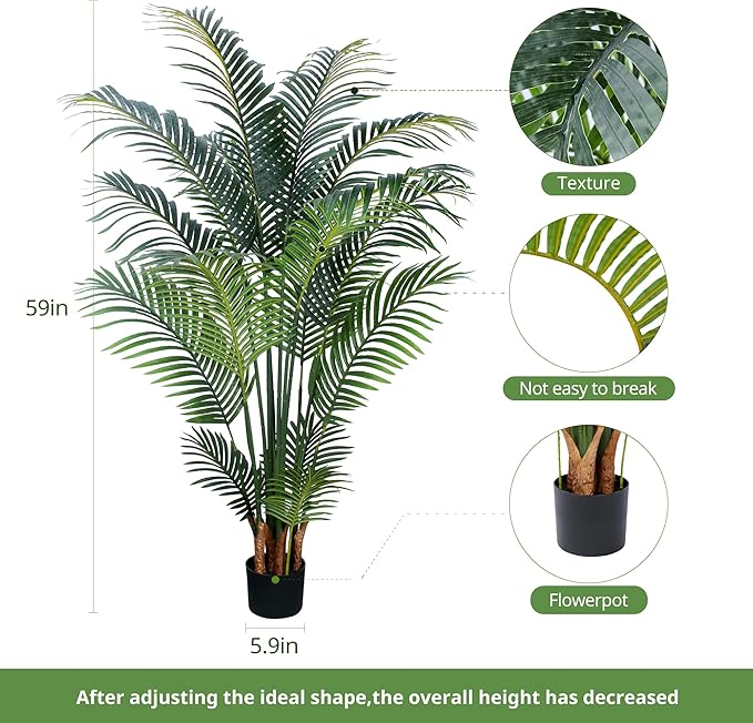 Artificial Tropical Palm Plant - 5 Ft Artificial Tree with Plastic Pot for Office and Home Decor, Tall Faux Plants for Indoors and Outdoors, Artificial Silk Palm Housewarming Gift,K150