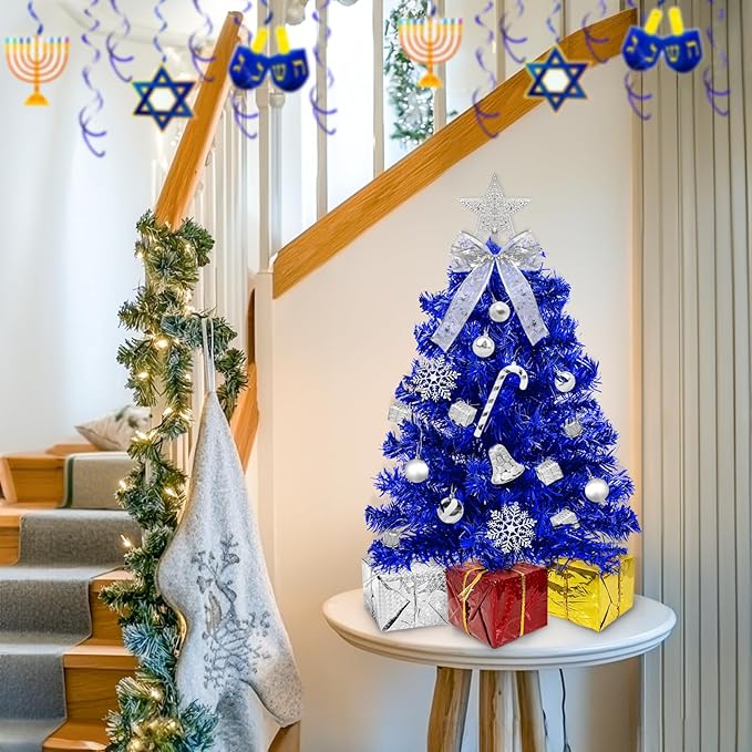 Timer - Hanukkah Decorations 24 Inch/2 FT Blue Tabletop Christmas Tree with Lights, 20 Warm White Lights 8 Mode, 27 Orantment Star Boxes Mini Small Christmas Tree Home Party Table Xmas Hanukkah Decor