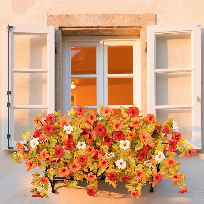 Artificial Fall Flowers Fake Petunias Plants for Outdoor Decoration, 2 Pcs Silk Faux Flowers UV Resistant No Fade Plants for Garden Balcony Yard Porch Realistic Indoor Decor (Orange White)