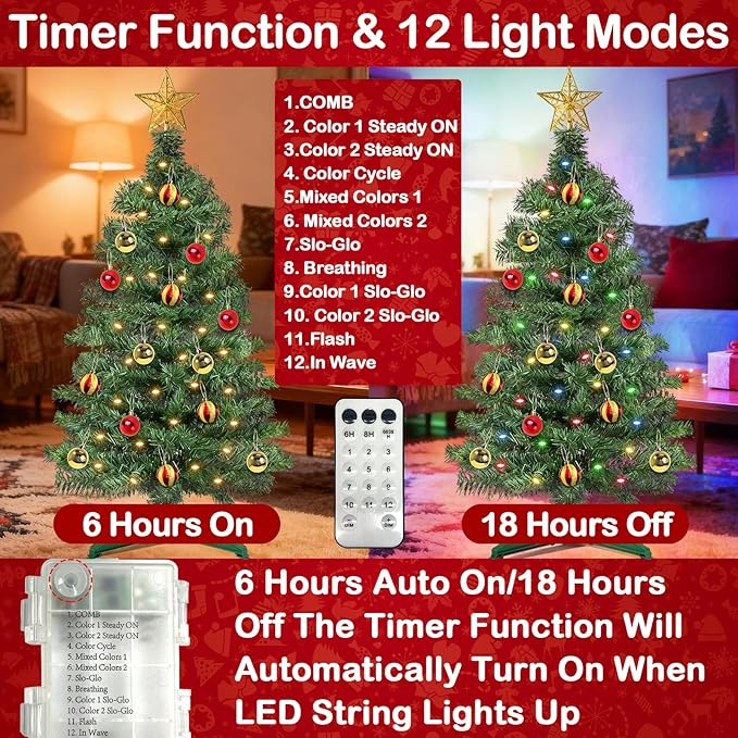 [ 12 Modes & Remote Control ] 3 Ft Christmas Tree with Timer 50 Four Color LED Lights DIY 15 Ball Ornaments Star Artificial Xmas Tree Indoor Outdoor Home Holiday Decoration (Dark Green)