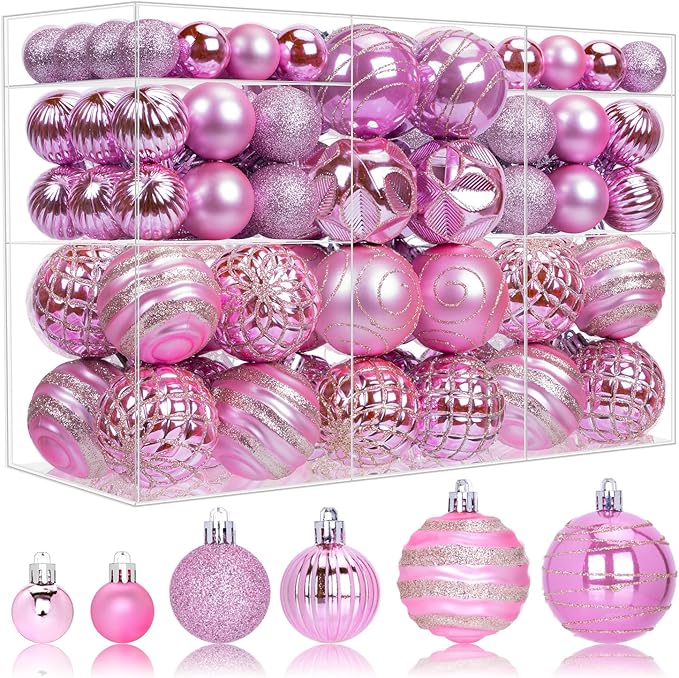 100 Pack Pink Christmas Ball Ornaments Set, Hand-Painted Shatterproof Hanging Decorations, Assorted Baubles Bulk for Xmas Tree Wreath, Winter Holiday Home Party Decor