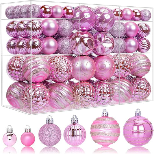 100 Pack Pink Christmas Ball Ornaments Set, Hand-Painted Shatterproof Hanging Decorations, Assorted Baubles Bulk for Xmas Tree Wreath, Winter Holiday Home Party Decor