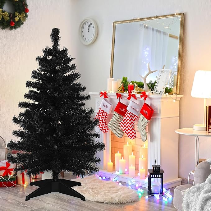3 Ft Artificial Christmas Tree for Tabletop, Mini Xmas Tree with Plastic Stand for Indoor Outdoor Holiday Home Party Christmas Decorations Black