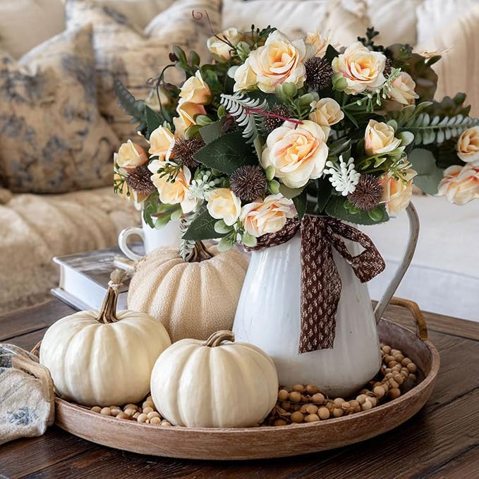 3 Bundles Fall Artificial Flowers Bouquet, Mixed Artificial Rose Silk Roses Flowers Fake Roses Artificial Flowers Roses Bouquet for Centerpiece Table Wedding Party Home Decor (White)