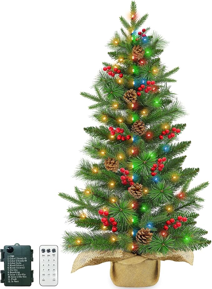 Dual Color Change&Remote Control 3Ft Realistic-Feel PE Artificial Christmas Tree with Lights,50 Warm White&Colors Lights,12 Mode Timer,Red berry Pine Small Mini Norfolk Tree Burlap Base Tabletop Decor
