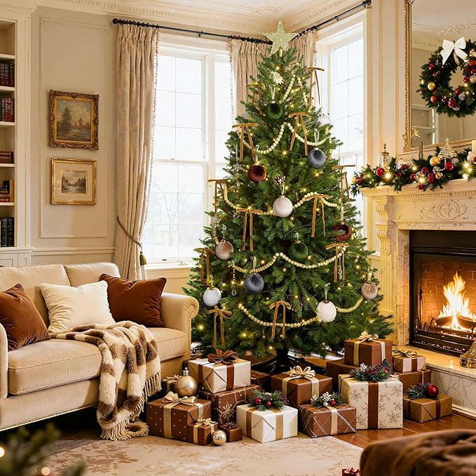 24 Pack Velvet Christmas Tree Ornaments Set, 12 Pcs 3.15 Inch Large Neutral Velvet Christmas Ornaments Hanging Flocked Balls and 12 Pcs Vintage Bows for Xmas Garland Wreath Party Home Decor