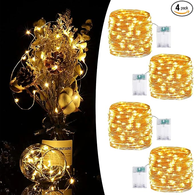 Upgraded 4 Pack 33Ft 100 LED Fairy Lights Battery Operated with Timer, Waterproof LED String Lights Outdoor Indoor, Battery Twinkle Lights for Christmas, Bedroom, Classroom, Parties, Wedding, Decor