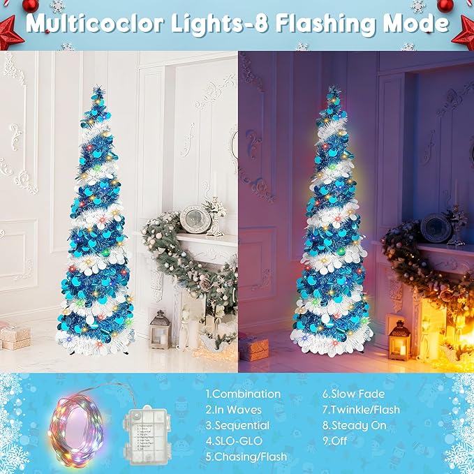 Pop Up Christmas Tree, 5FT Collapsible Artificial Blue Christmas Trees with 90 LED Lights, Tinsel Small Pencil Christmas Tree for Home Holiday Fireplace Party Indoor Outdoor Xmas Decorations