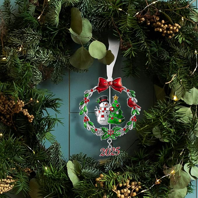 2025 Snowman Christmas Tree Ornament Metal Silver Hanging Rotatable Design Charm Holiday Decorative Pendant Gift Keepsake (Bow)