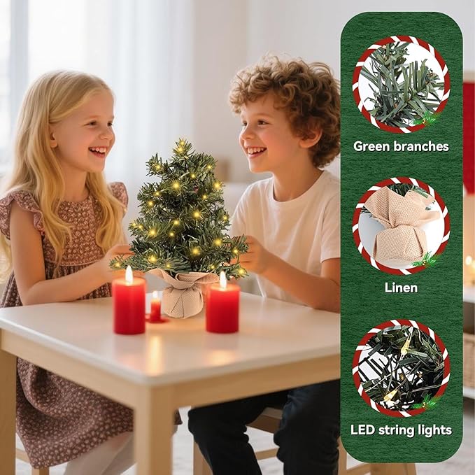Tabletop Christmas Tree 11.81Inches Mini Artificial Christmas Tree with LED String Lights, Tabletop Small Xmas Tree for Holiday Indoor Christmas Decorations Green