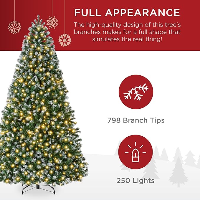 Best Choice Products Artificial Frosted Christmas Tree, 6ft Premium Pre-Lit Realistic Spruce Holiday Décor w/Dense Branches, Metal Base – Green Spruce