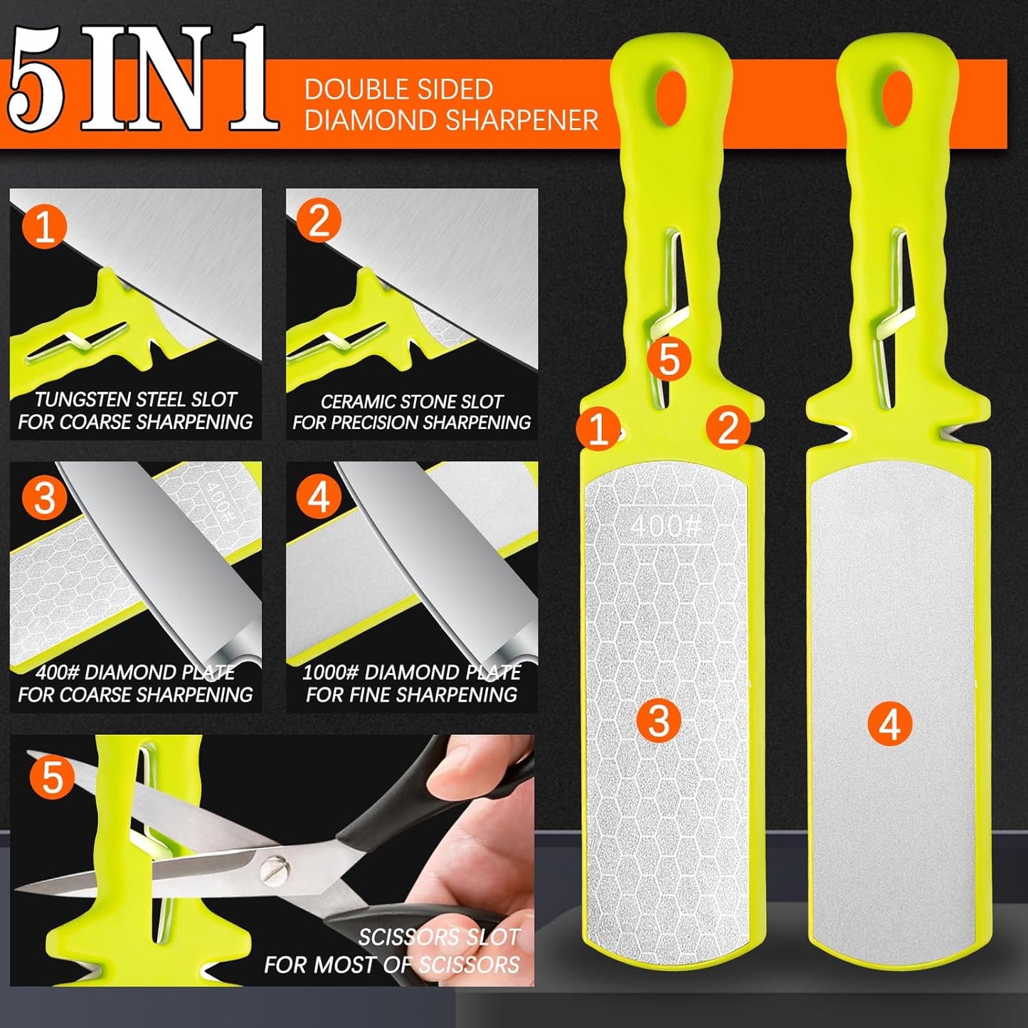 Diamond Sharpening Stone,400/1000 Grit Handheld Double-Sided Diamond Sharpener 5 in 1 Honeycomb Surface Knife Sharpener Plate Whetstone with Ceramic & Tungsten Steel Scissor Slot,Green