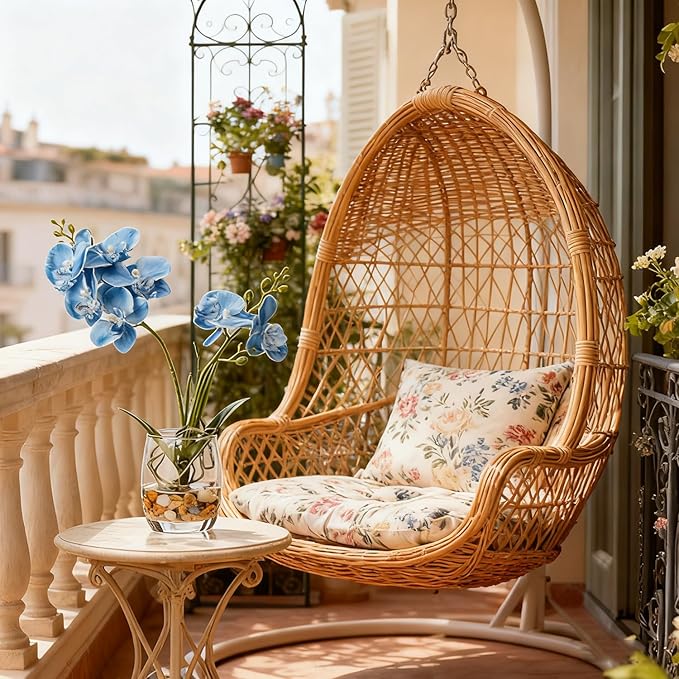 Jusdreen Artificial Blue Orchid in Glass Vase, Realistic Phalaenopsis Arrangement with Potting for Home Office Table Decor, 14.5 Inch Flower Centerpiece