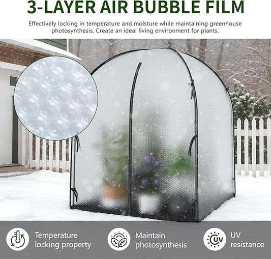 SUNYRISY Greenhouse for Outdoor with Waterproof Mat, Thick Bubble Film Cover Portable Small Mini Green House Kit for Outside, Plant Cover for Winter Plant Freeze Protection, 59" L x 59" W x 75" H