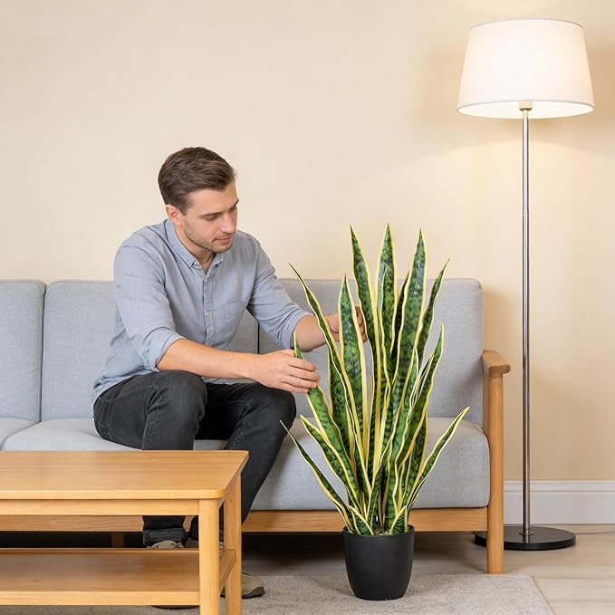 Artificial Snake Plant, 27" Fake Sansevieria with Basket, Faux Plants for Indoor Home Office Store Decoration, Perfect Faux Mother in Law Plants