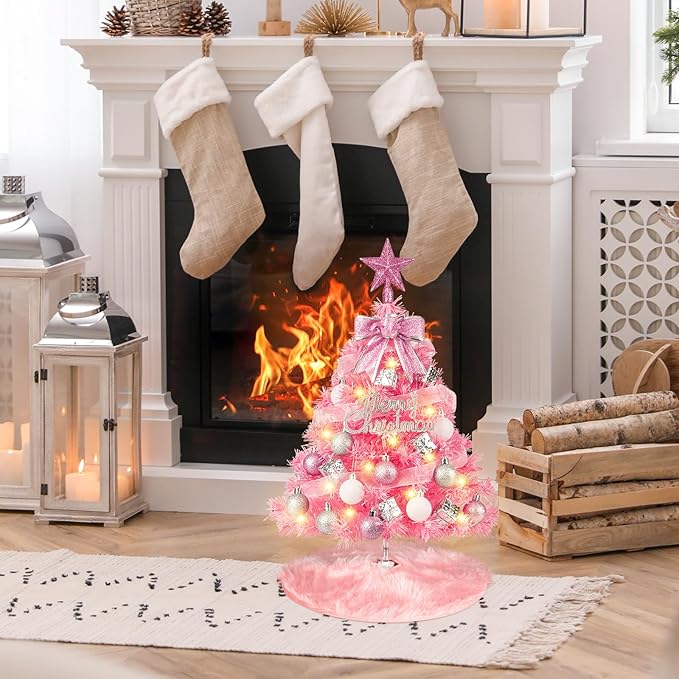 MACTING Mini Christmas Tree with 40 Lights, 2 FT Table Top Tree with Christmas Balls, Small Artificial Tree with Merry Christmas 8 Lighting Modes for Fireplace Desktop Home Indoor Xmas Decor(Pink)