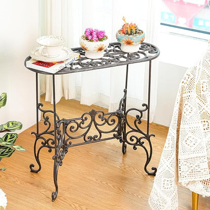 Sungmor Heavy Duty Cast Iron Potted Plant Stand Garden Table - 22.6IN. 1 Tier Metal Stands - Decorative & Vintage Style Indoor Outdoor Corner Shelf for Planters Vases Lanterns Ornaments Books and More
