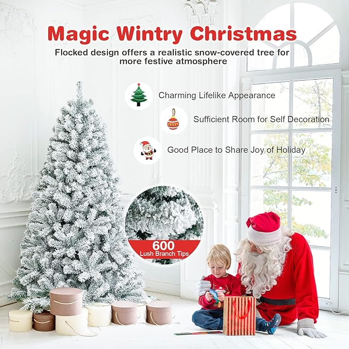 COSTWAY 6 FT Snow Flocked Christmas Tree, Artificial Holiday Hinged Pine Tree with 600 Branch Tips, Solid Metal Stand, Premium Xmas Full Fake Tree for Home, Office, Party Decoration