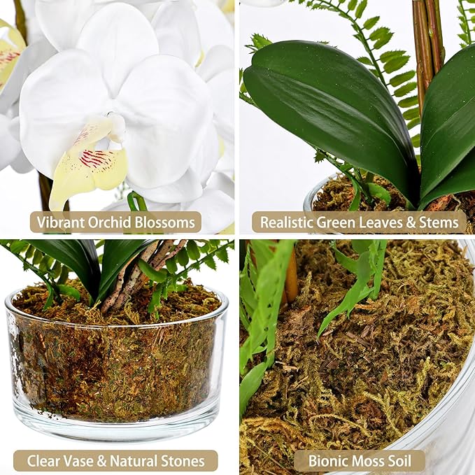White Orchids Artificial Flowers 16.5" Faux Orchids Plant in Pot Fake Flower Arrangements with Glass Vases White Centerpieces for Kitchen Dining Room Tables Bathroom Nightstand Shelf Desk Decor