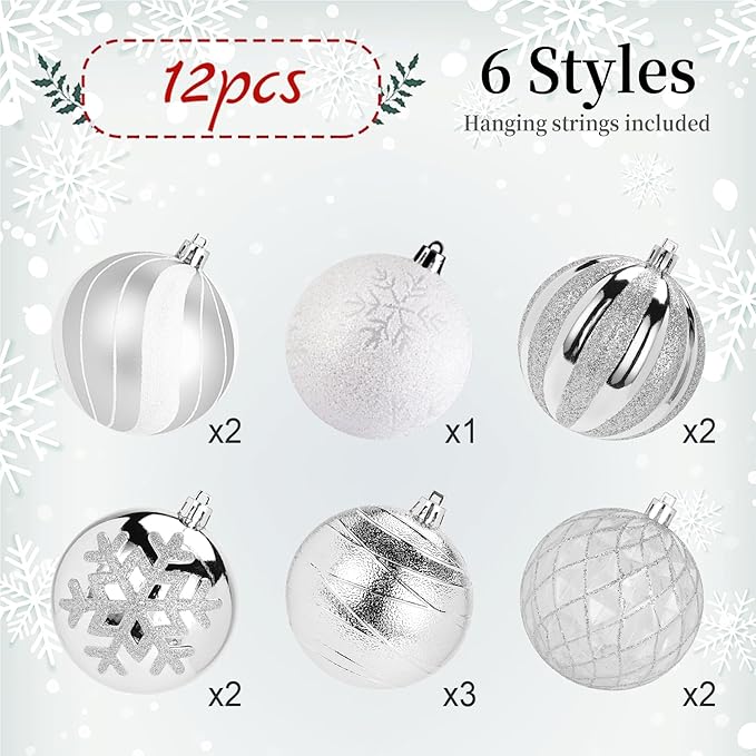 SHareconn 80mm Christmas Balls Ornaments,12PCS Colored Shatterproof Plastic Decorative Hanging Tree Decorations Baubles Set for Xmas Tree Holiday Party Wedding Decoration with Lanyard, Silver&White