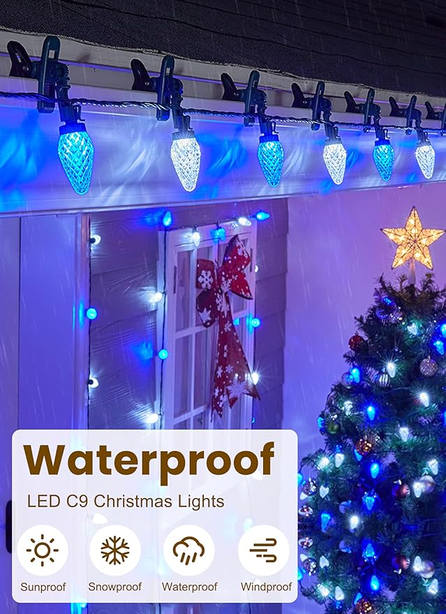 C9 LED Christmas Lights Outdoor, 68Ft 100 LED String Lights with Quick Clips, Commercial Grade Extendable Waterproof Outdoor Christmas Lights for House Outside Roofline Xmas Decor, Blue & Pure White
