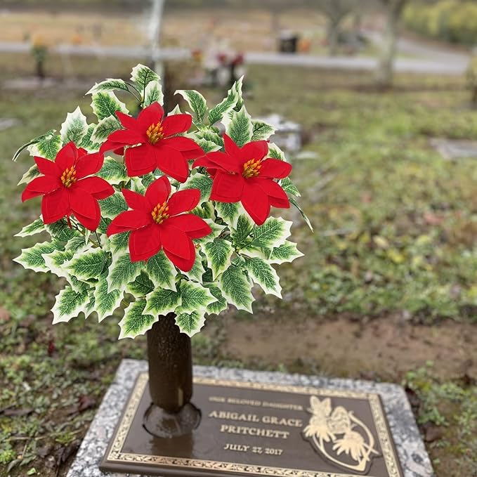 HUAESIN 4pcs Poinsettia Flowers Artificial Christmas Cemetery Flowers with Holly Leaves Faux Red Velvet Poinsettia Indoor Outdoor Long Stem Floal Arrangment for Crafts Vase Table Home Decor