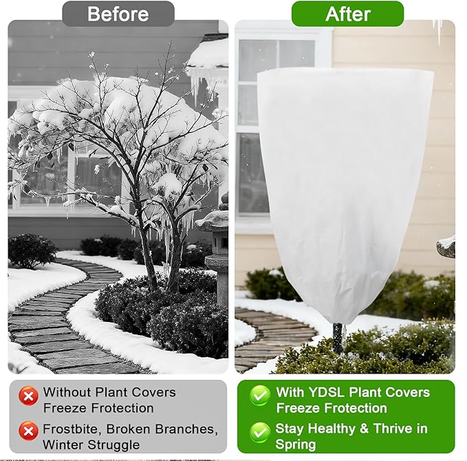 YDSL 3 Pack Plant Covers Freeze Protection, 25"×32" 1.77oz/yd² Plant Frost Covers for Outdoor Plants Shrub Potted Plants Use, Winter Cloth Plant Tree Cover with Drawstring for Cold Weather