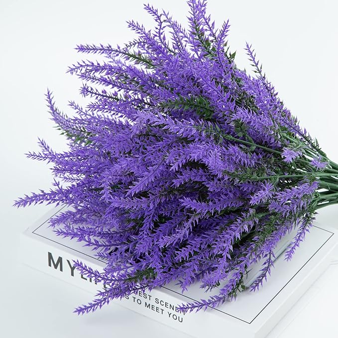 Ouddy Decor 24 Bundles Artificial Lavender Fake Flowers Faux Plastic Plants for Home Wedding Kitchen Garden Patio Window Box Office Table Centerpieces Indoor Outdoor Decor, Purple