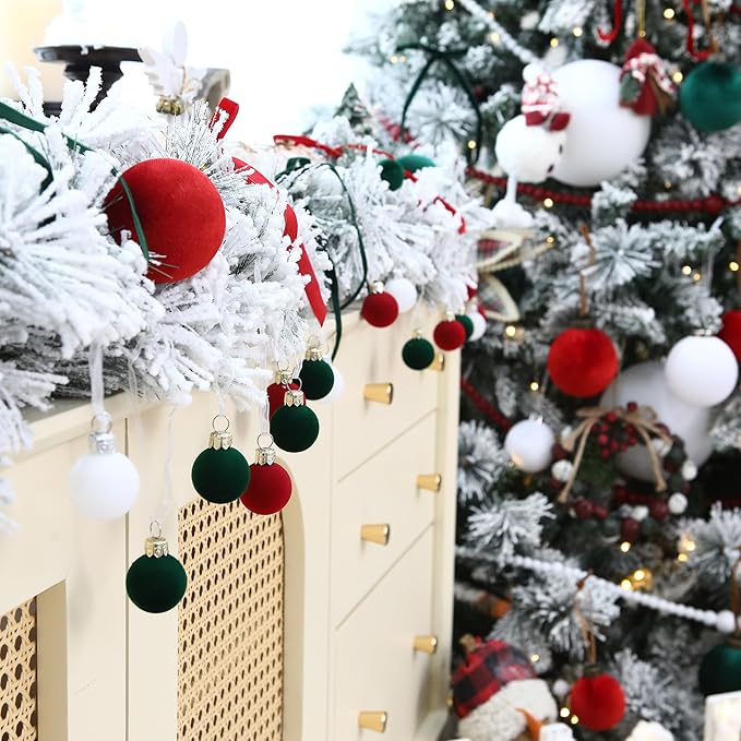 Sea Team 64-Pack Miniature Flocked Velvet Christmas Tree Ball Ornaments Set, Hanging Velour Baubles, Shatterproof Plastic Decorations for Xmas Tree, Wreath, Garland, 30mm/1.18 Inches, Elf