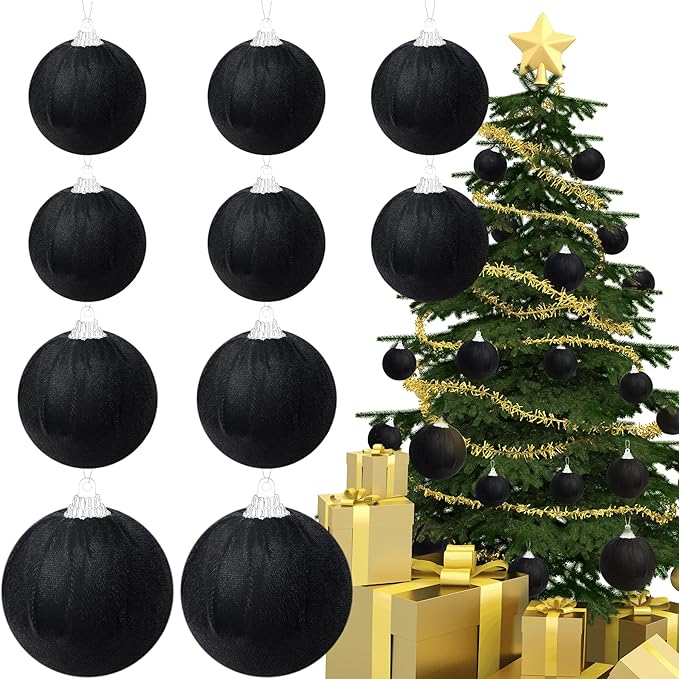Gresorth 10 Pcs Black Velvet Christmas Ball Ornaments Velvet Balls Ornament for Christmas Tree Flocked Hanging Baubles Decor Birthday Party