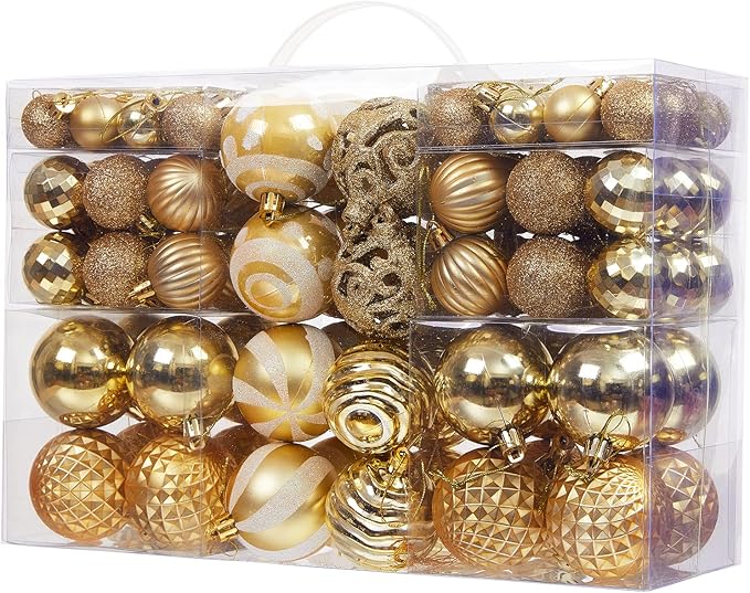 100PCS Christmas Ball Ornaments, Assorted Shatterproof Christmas Tree Decorations, Seasonal Decorative Hanging Baubles Decor Set for Xmas/Holiday/Party, Glitter&Painting Ornament Set (Gold)