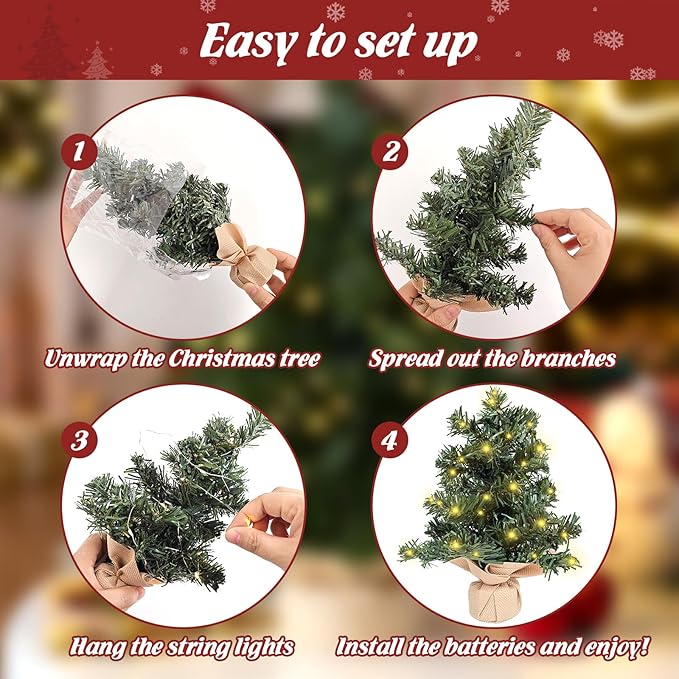 FR 12 Inch Tabletop Christmas Tree,Mini Artificial Christmas Tree,Equipped with LED Lights,Suitable for Desktop Centrepiece,Mantelpiece,Indoor DIY Christmas Decoration