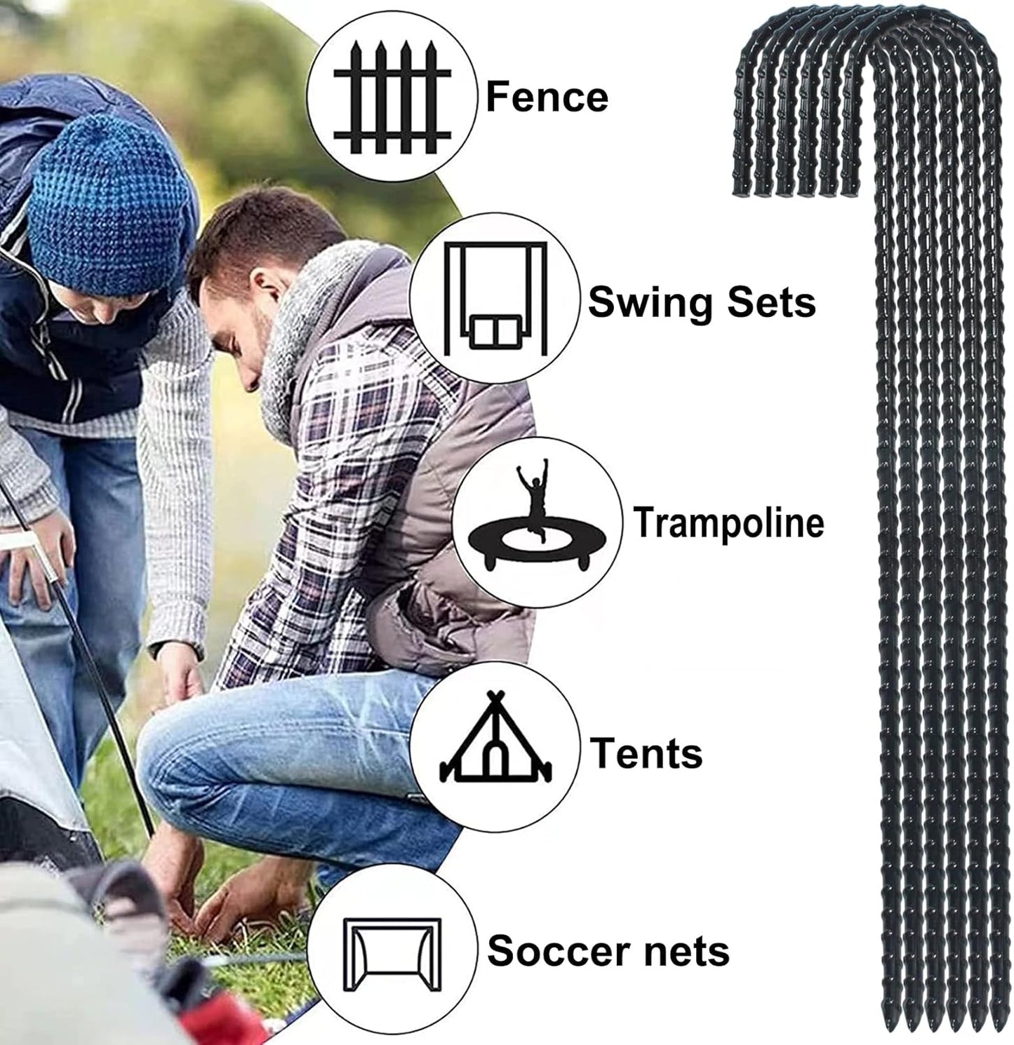 16 Inch Ground Rebar Stakes, J Hook Extra Heavy Duty Rust Proof Coated Steel Ground Anchors with Chisel Point End for Camping Tent and Canopy Tent (16)