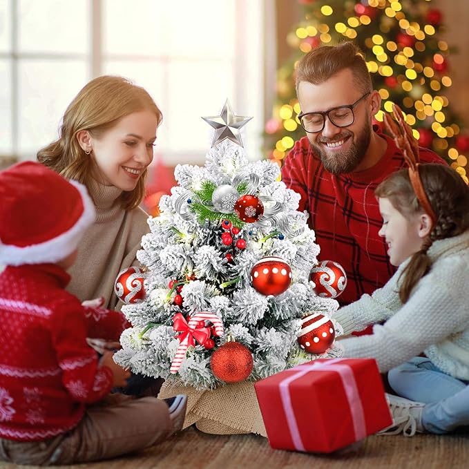 20 Inch Flocked Mini Christmas Tree with Lights, Berries and Cloth Bag Base, Pre-lit Artificial Tree for Tabletop Home Kitchen Livingroom Decoration, White+Green