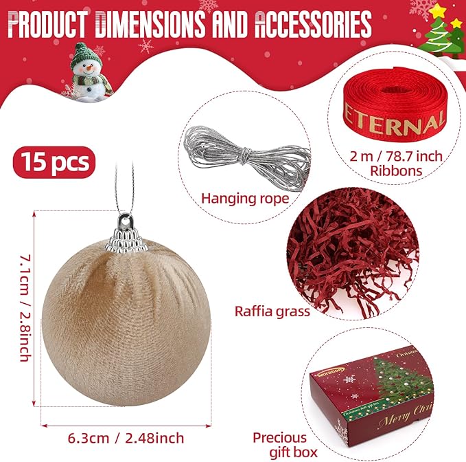 Woration 15pcs Christmas Velvet Ball Ornaments Flocked Xmas Tree 2.36inchs Small Shatterproof Hanging Ball Decoration for Holiday Party (Champagne)