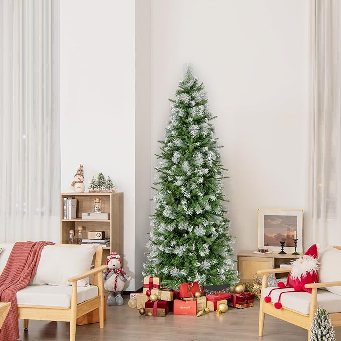 GOFLAME 6 FT Pre-Lit Pencil Christmas Tree Snow Flocked, Slim Artificial Xmas Tree with 580 Branch Tips, 280 Warm White LED Lights, Holiday Decoration Tree for Home Party Office