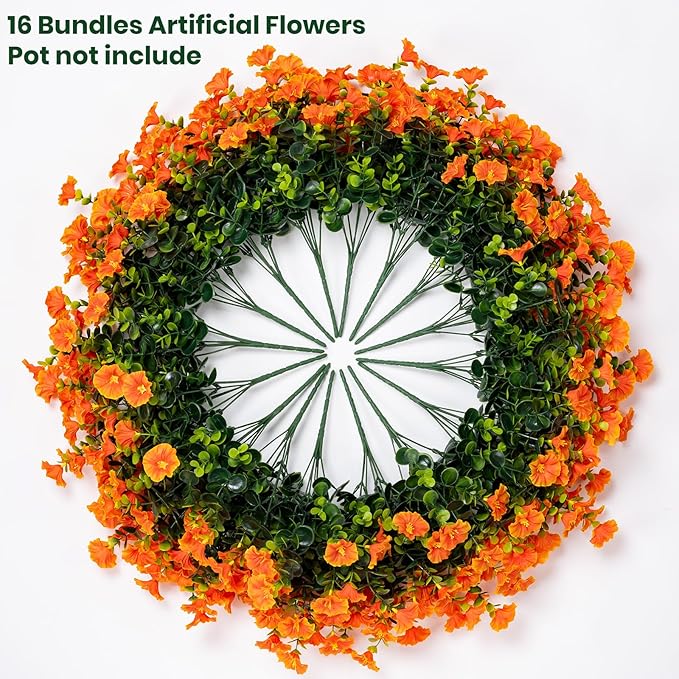 Artificial Faux Flowers for Outdoor 16 Bundles Boxwood Fake Morning Glory for Planter,UV Resistant Fake Flowers for Home Porch Patio Outside（Orange）