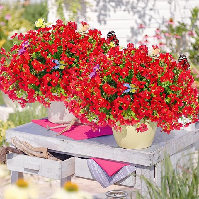 20 Bundles Artificial Flowers for Outdoors‌ with 6 Faux Butterflies, UV Resistant Fake Flowers‌ with Eucalyptus Leaves, Artificial Plants Outdoor‌ for Patio Garden Porch Home Decor (Red)