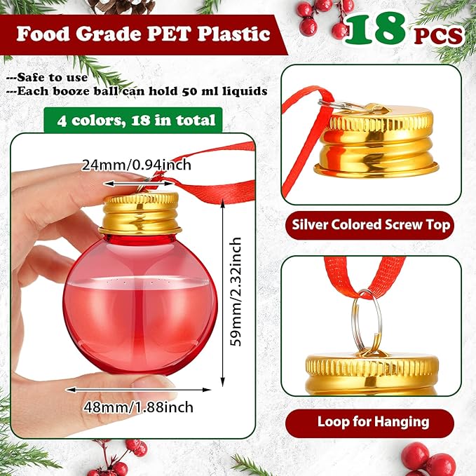 Patelai 18 Pcs Christmas Drink Balls Shot Glass Ornament Plastic Fillable Christmas Tree Ornaments Xmas Water Bottle Bulbs for Holiday Party Indoor Outdoor (Colorful)